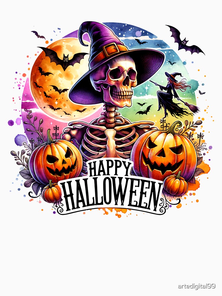 "Moonlit Fright – Skeleton and Pumpkins Halloween Night" by artedigital99