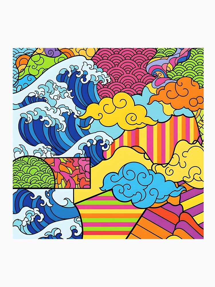 Abstract Japanese Pop Art Waves Collage | Ukiyo-e Style Ocean & Colorful Stripes | Maximalist Aesthetic Design by Badis  Mardessi