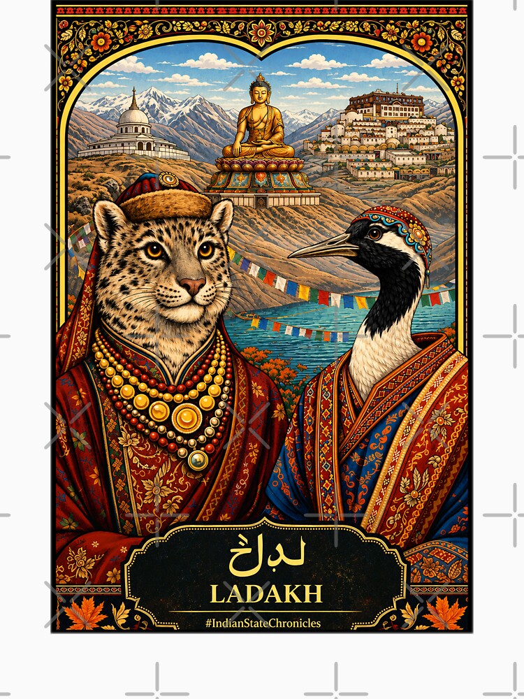 Ladakh T-Shirt | Heritage Snow Leopard & Black-Necked Crane Art | IndianStateChronicles by freezed-frames