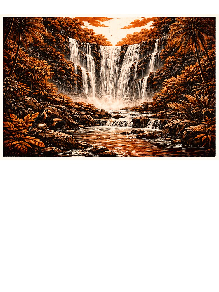 Amazon Waterfall Linocut Art – Tropical Jungle Waterfall Retro Poster by DrizzyV