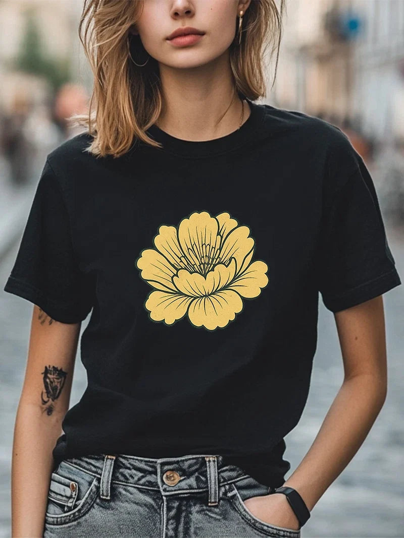 Yellow Floral Graphic Retro Bloom Minimalist Tee Cute Botanical Summer Unisex , , , Long Sleeve Tee