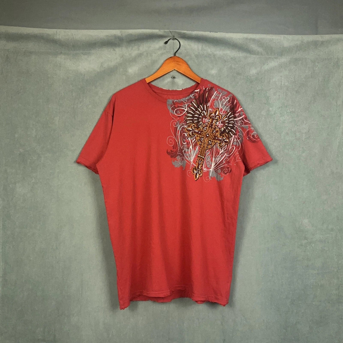 Vintage Y2K Affliction t shirt Mens Size XL Red Grunge Crosses Goth Skate MMA Unisex , , , Long Sleeve Tee