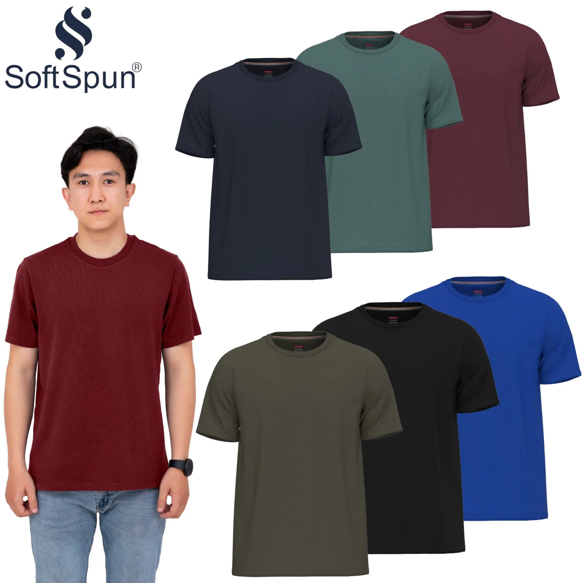 SOFTSPUN Mens T shirts multipack 100% Cotton, Preshrunk plain Crew neck Tshirt Unisex , , , Long Sleeve Tee