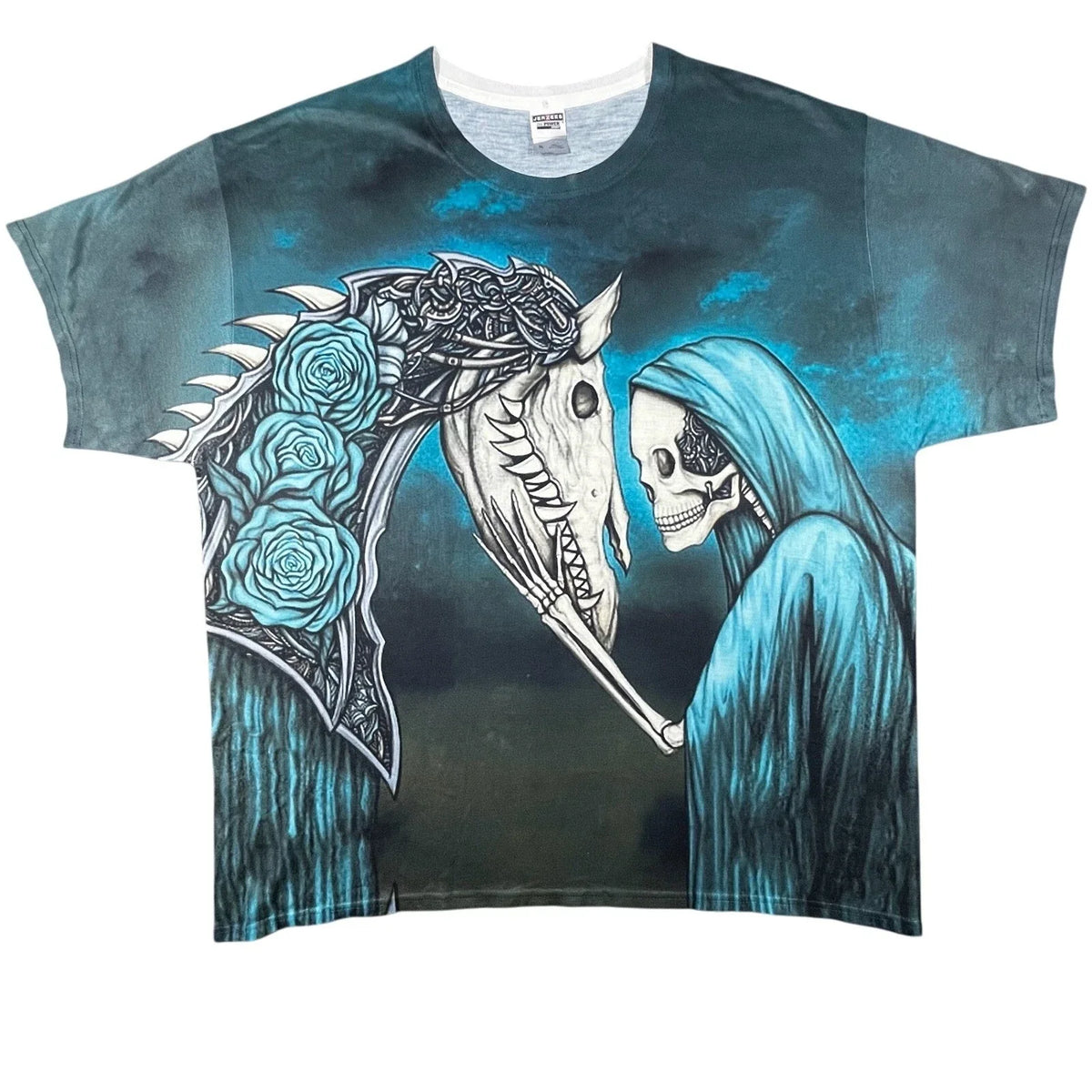 Grim Reaper Skeleton Horse All Over Graphic T XL Sick Front Back Hit Y2K Gothic Unisex , , , Long Sleeve Tee