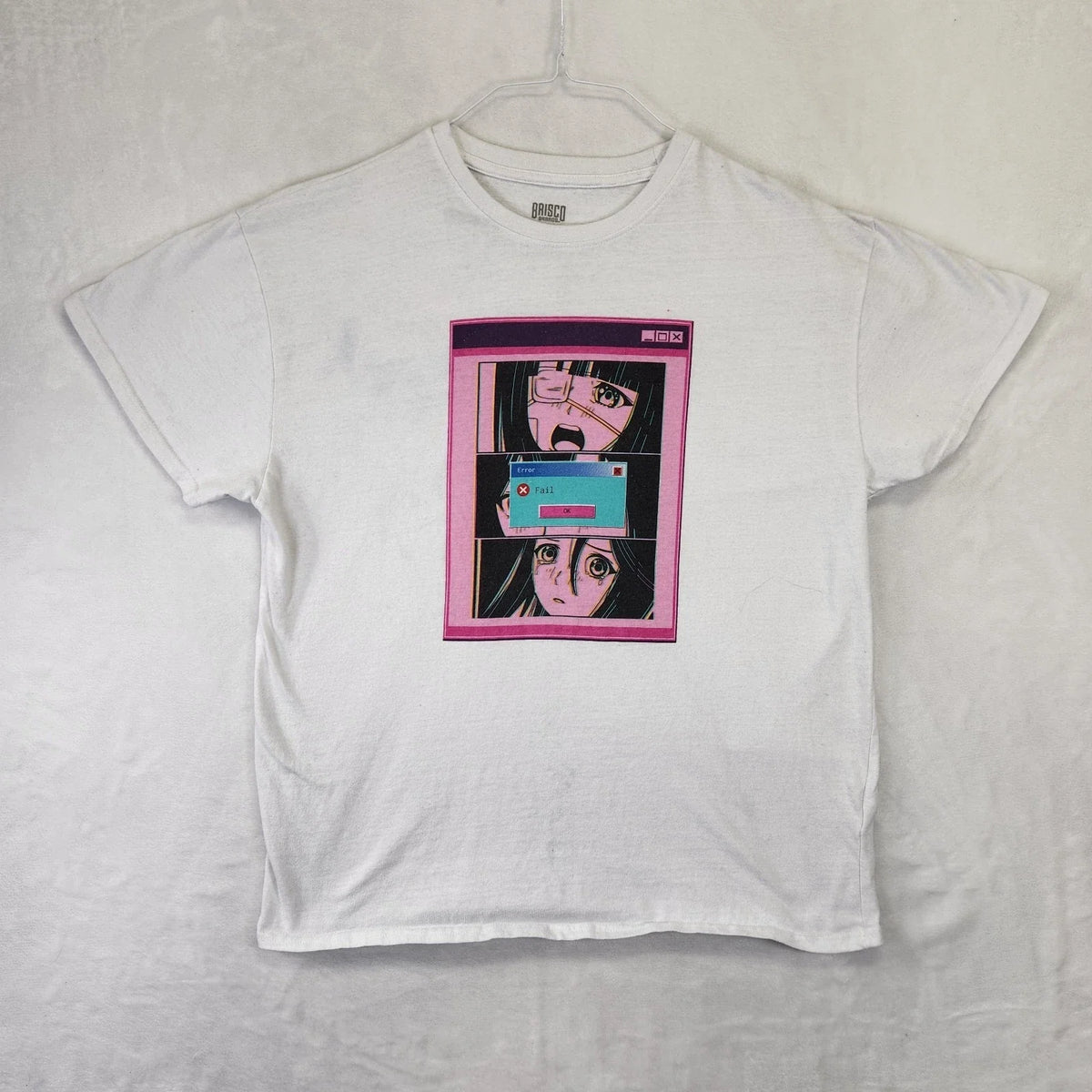 Anime Error Fail Graphic Tee Brisco Brands White Y2K Aesthetic XL Distressed Unisex , , , Long Sleeve Tee