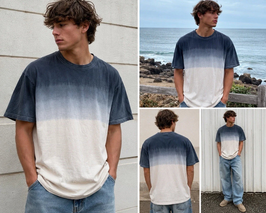 Courtsmith USA Made Dip Dye Ombre T Shirt Beige Gray Grunge Surf Large Unisex , , , Long Sleeve Tee