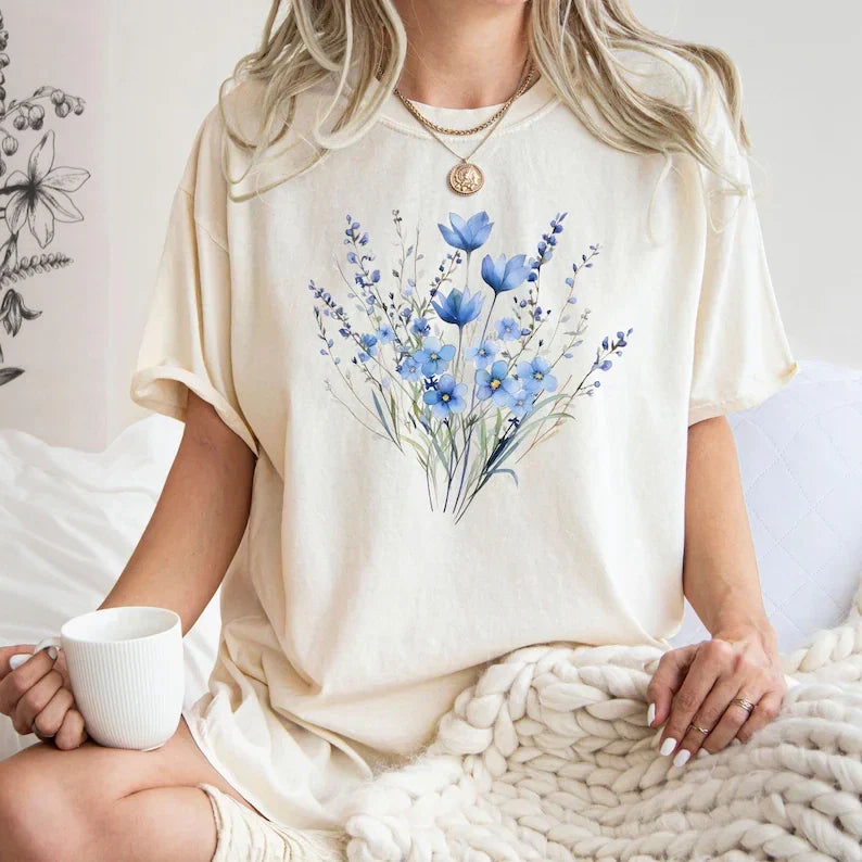 Blue Flower Bouquet Aesthetic Floral Spring Graphic T shirt Unisex , , , Long Sleeve Tee