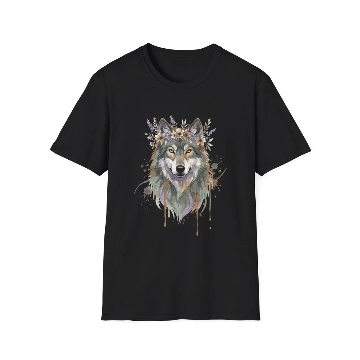 Wolf Floral Crown Watercolor Black Tee Nature Aesthetic Graphic Unisex , , , Long Sleeve Tee