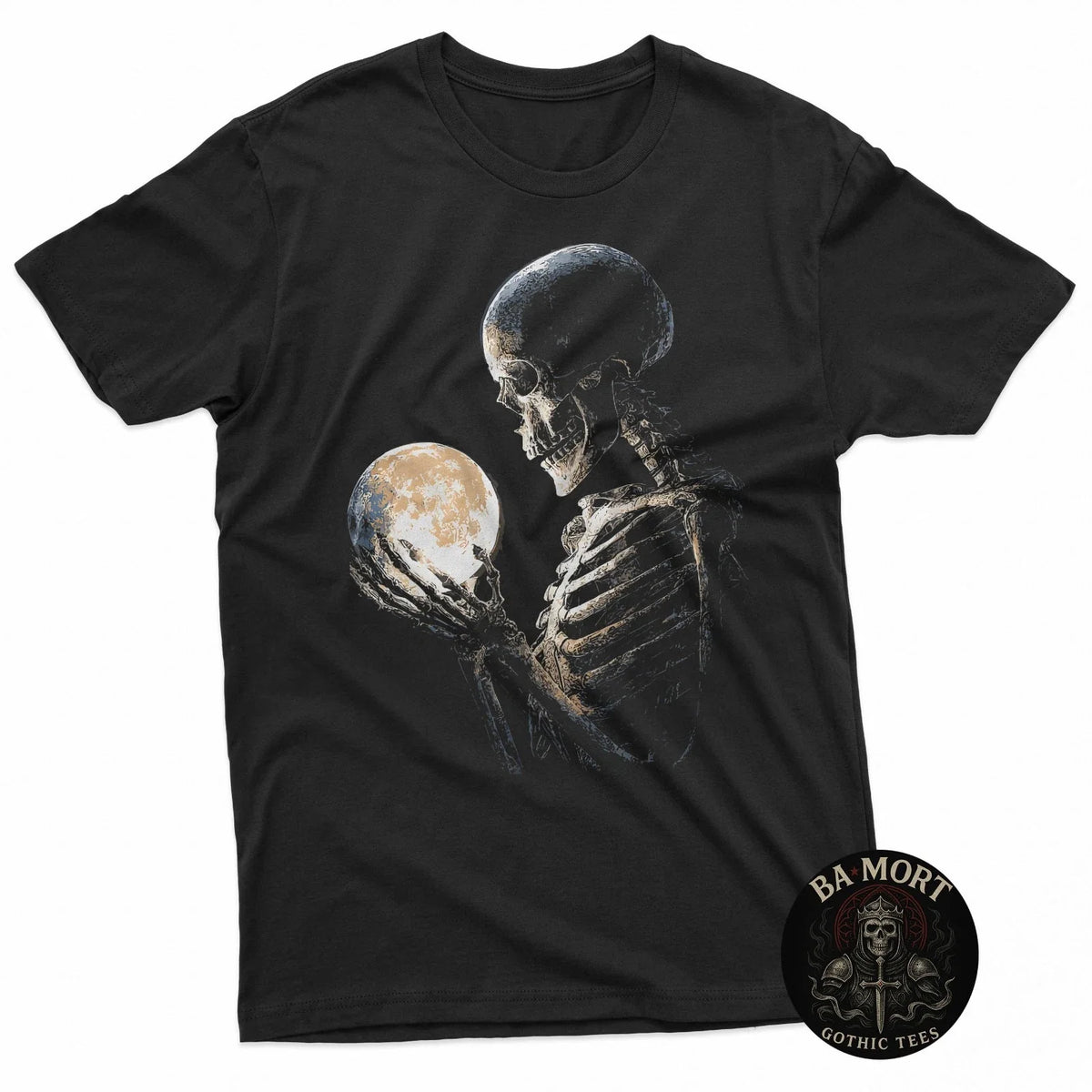 Moonlight Skeleton Holding Full Moon Gothic Aesthetic Art Unisex , , , Long Sleeve Tee