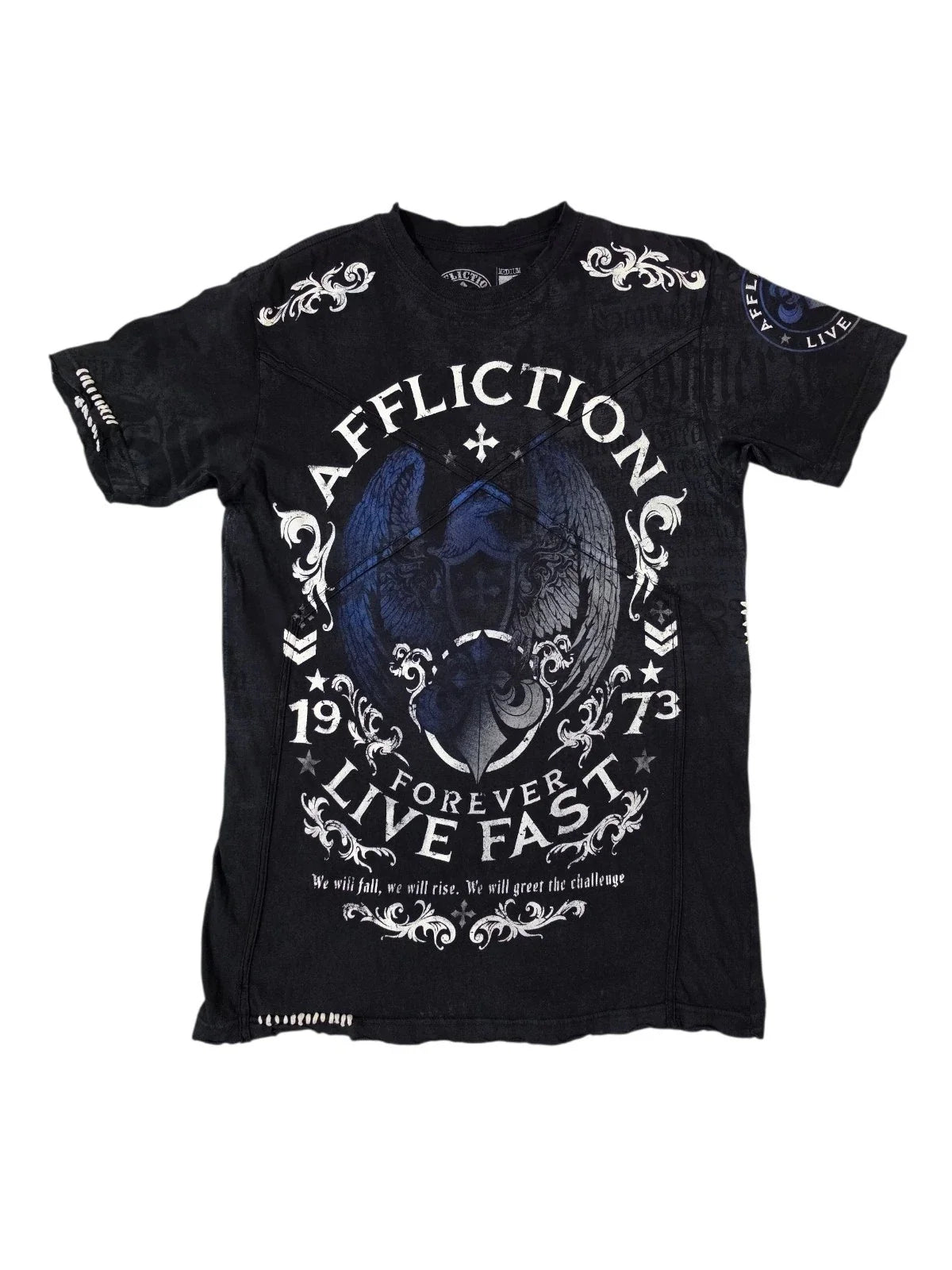 Y2K Affliction Shirt Men M Black Blue Eagle Winged Live Fast MMA Biker Goth Unisex , , , Long Sleeve Tee