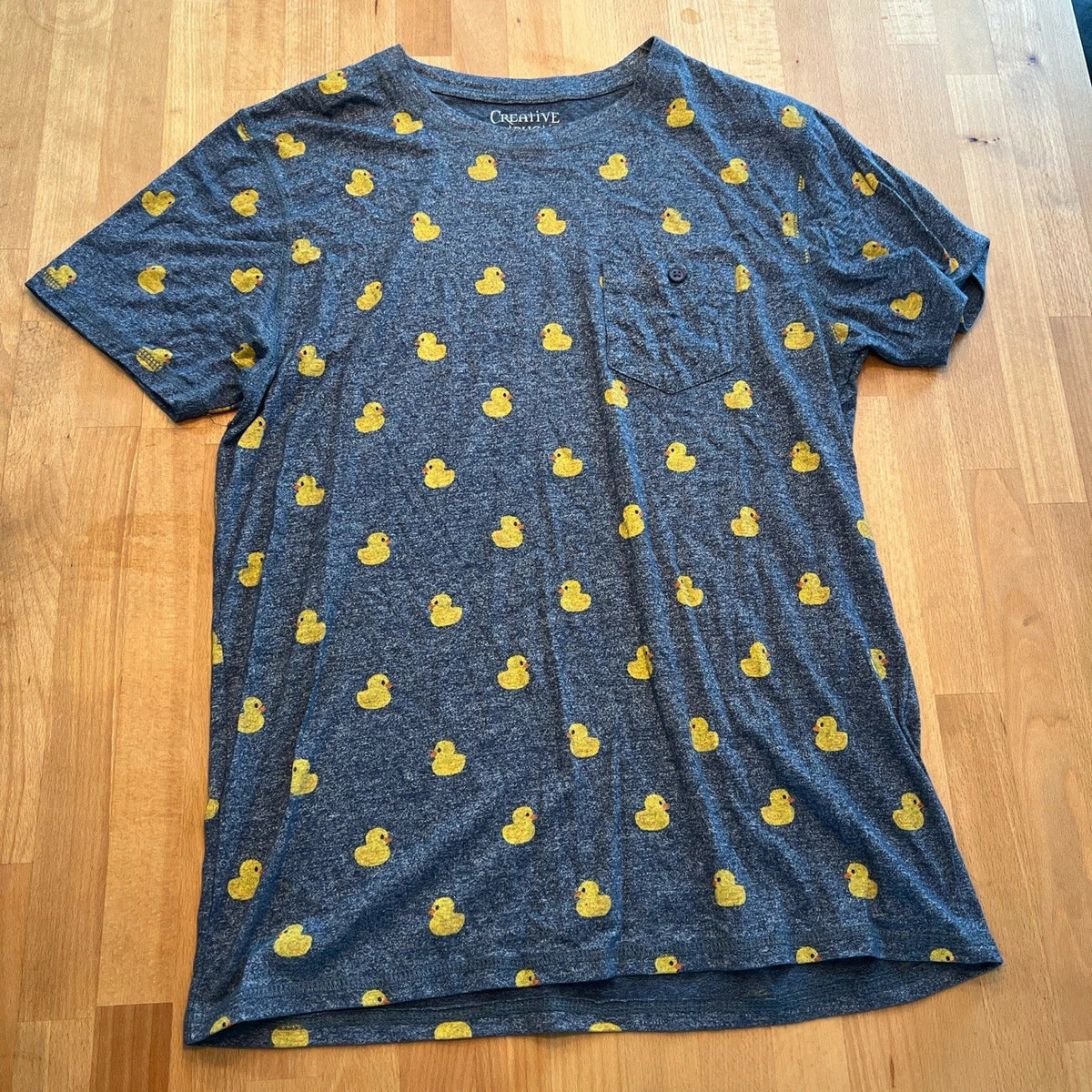 Blue and yellow duck print casual tee w pocket size Large creative destruction Unisex , , , Long Sleeve Tee