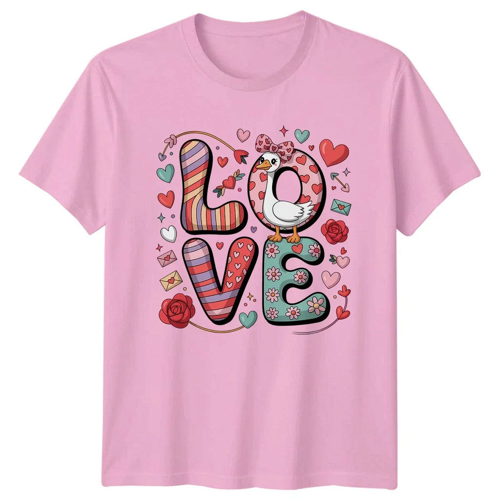 Cute Cartoon Goose In Love Heart Womens Kawaii Doodle Valentines Unisex , , , Long Sleeve Tee