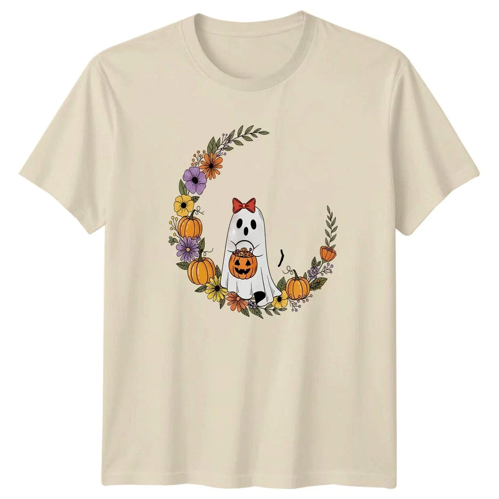 Cute Ghost Girl Halloween Pumpkin Womens Autumn Floral Halloween Gift Unisex , , , Long Sleeve Tee