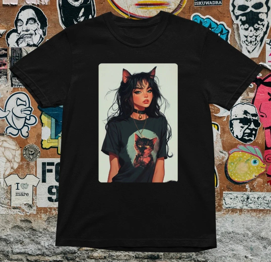 Anime Girl Cat Ears T Shirt Aesthetic Gothic Style Unisex Graphic Tee Harajuku S Unisex , , , Long Sleeve Tee
