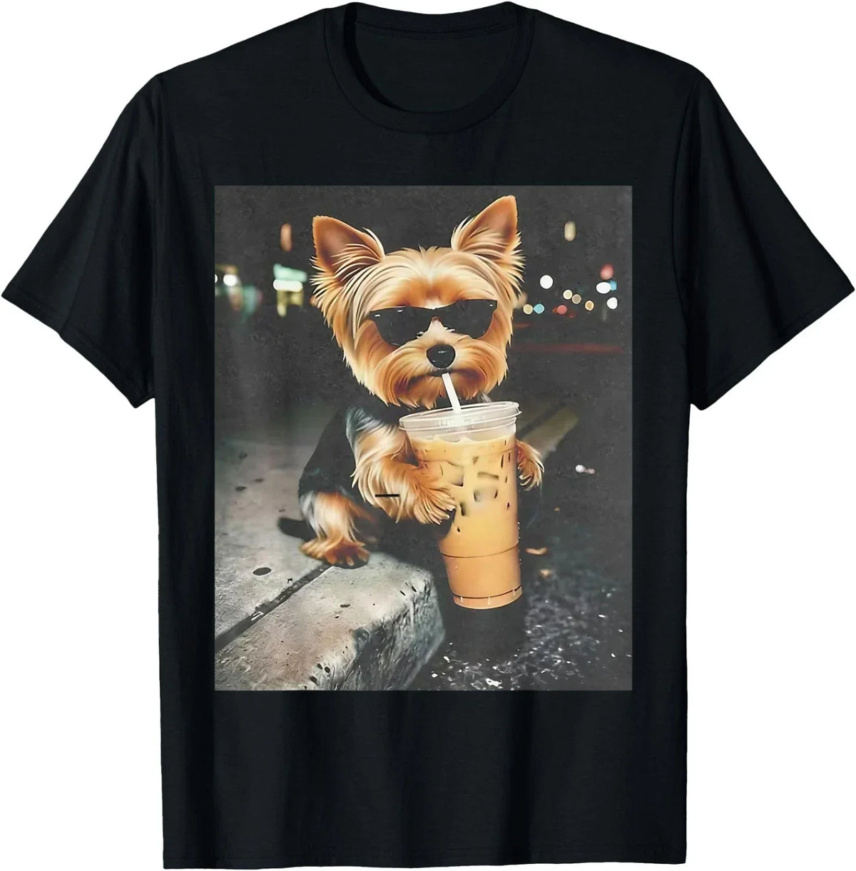 Funny Yorkie Drinking Iced Coffee Cute Dog Meme Humor Unisex , , , Long Sleeve Tee