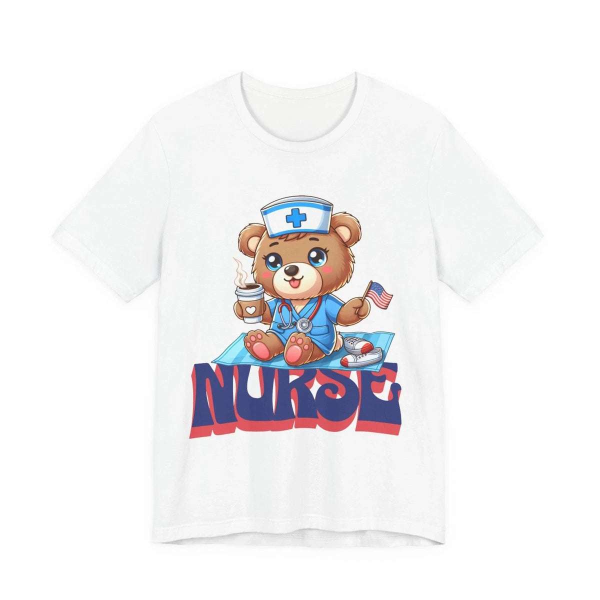 Cute Nurse Teddy Bear Tee | Coffee, Stethoscope, Medical Cute Design Unisex , , , Long Sleeve Tee
