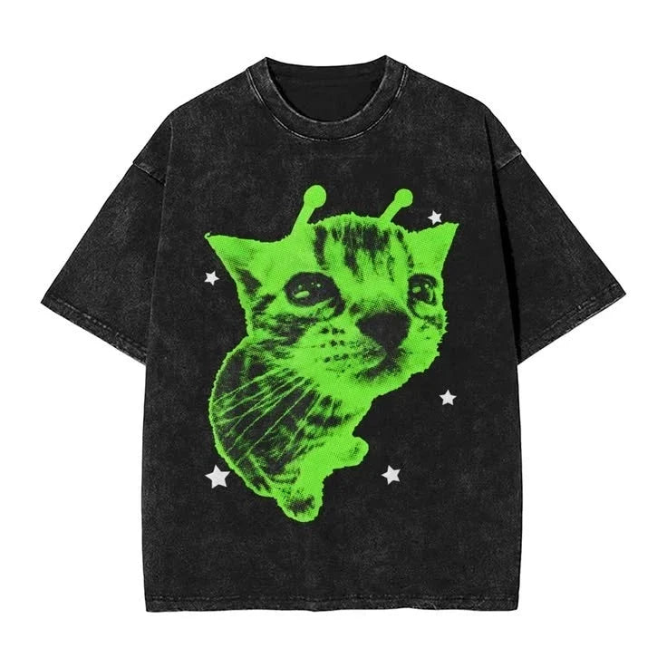 Alien Cat Funny Green Aesthetic Graphic T shirt Unisex , , , Long Sleeve Tee