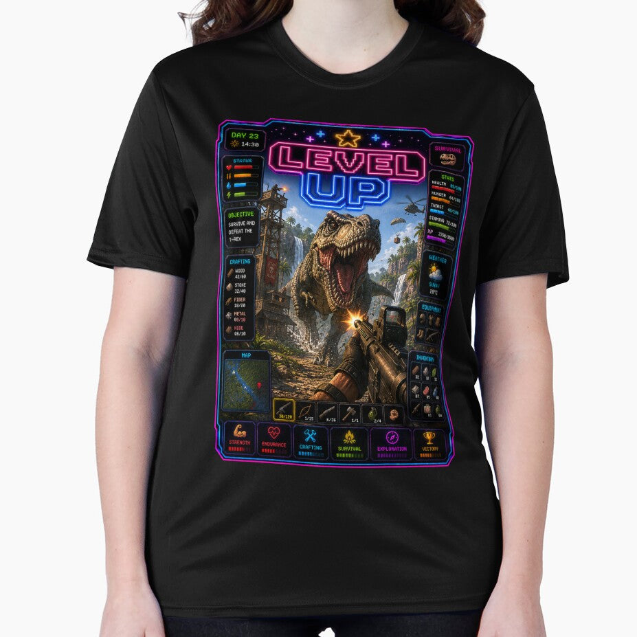 Level Up Dino Survival | Retro T-Rex Adventure Gamer Design by LevelUp!