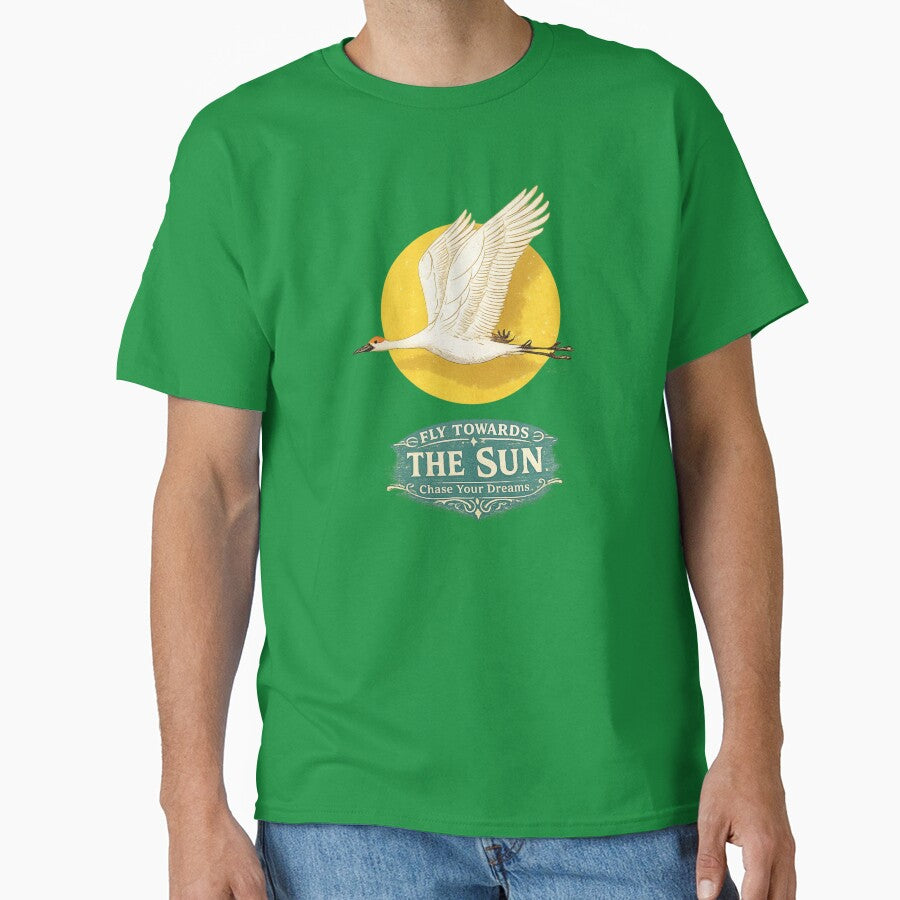 Fly Towards the Sun | Vintage Crane Bird T-Shirt | Inspirational Nature Design by Saeed  Ahmad