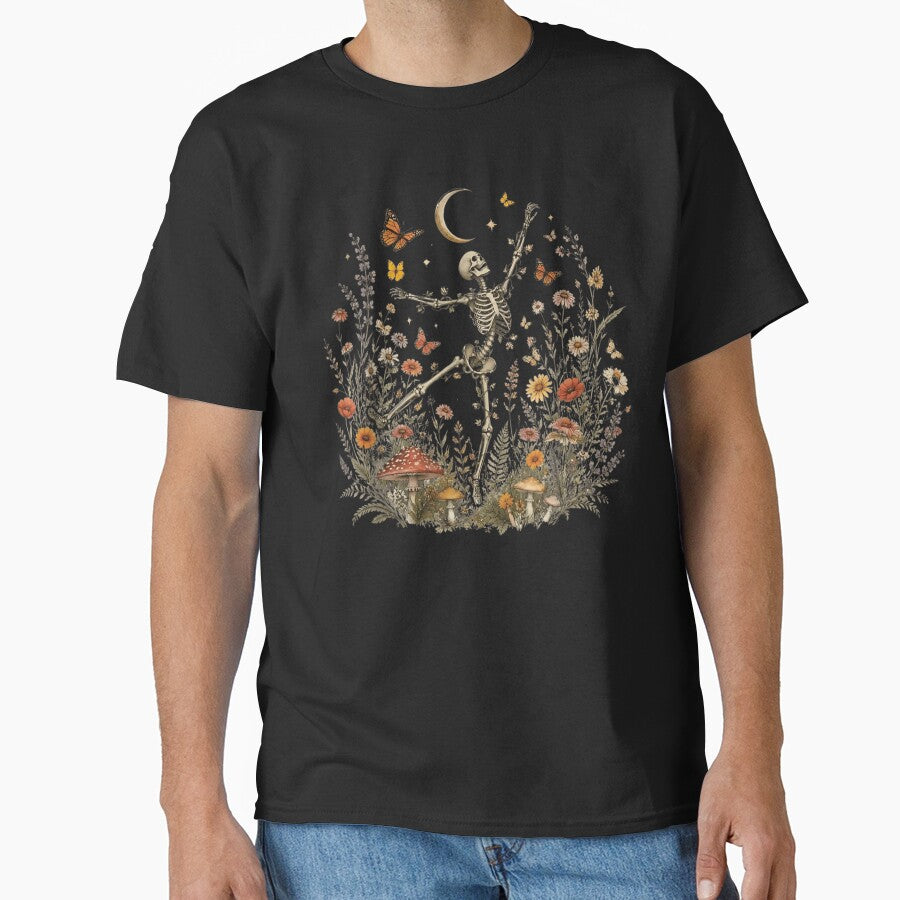 Dancing Skeleton Among Wildflowers Beneath Moonlit Butterflies by Daisy Grimes