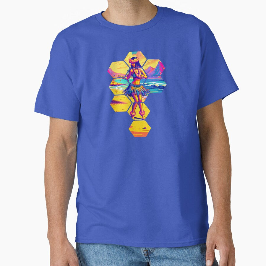 Retro Synthwave Hula Dancer Tropical Hexagon Mosaic by FIREDesignsPOD