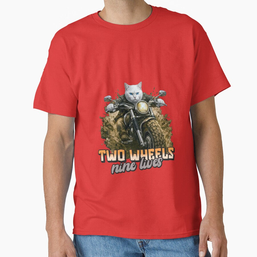 White Cat Motorcycle Art – Two Wheels Nine Lives Biker Cat Print Design by PixelsPaws