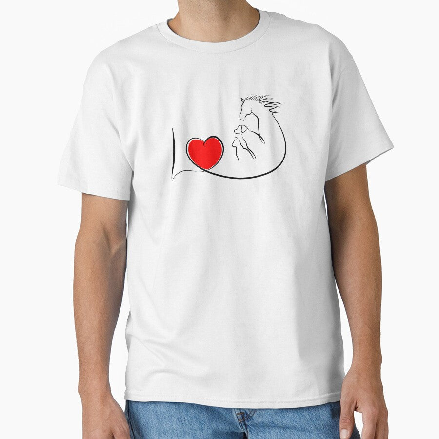 I love animals, horse, dog and cat with red heart. One line drawing by evk-art