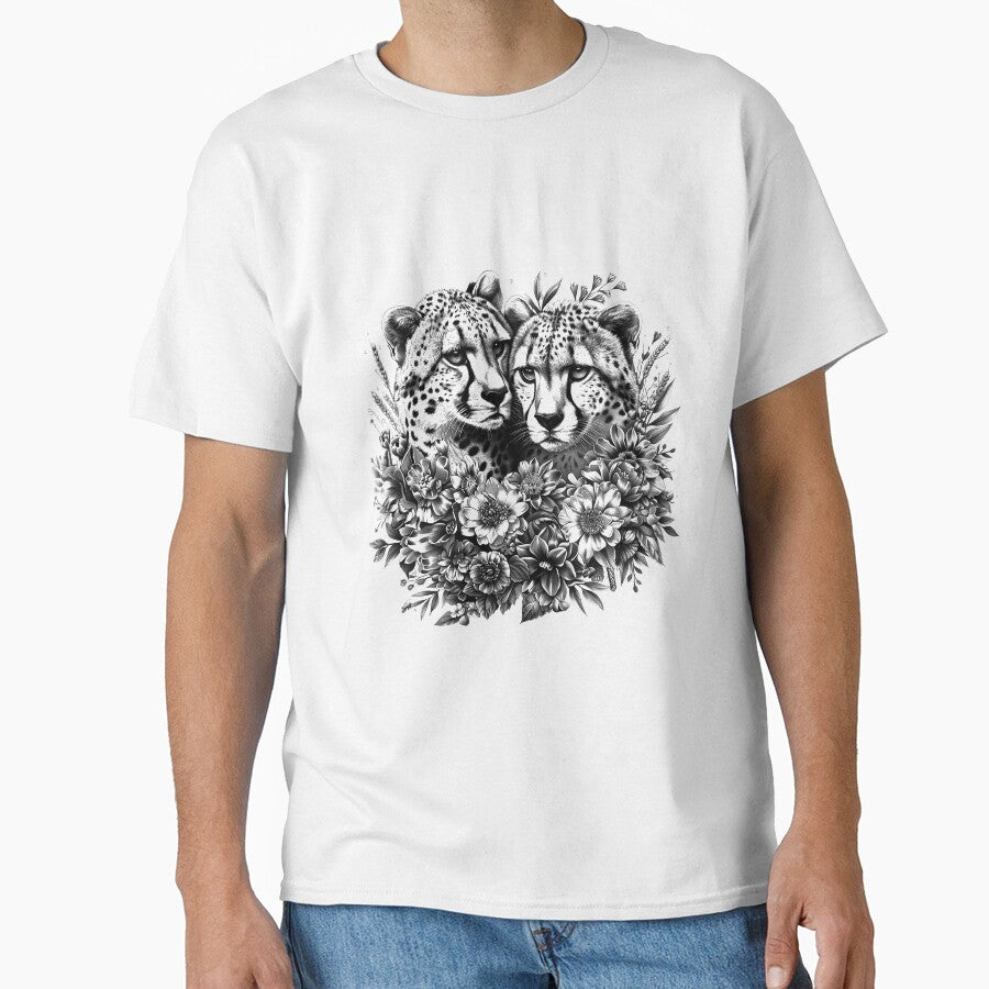 Cheetahs with Flowers – Black and White Elegant Wildlife Floral Illustration by inkoutninja
