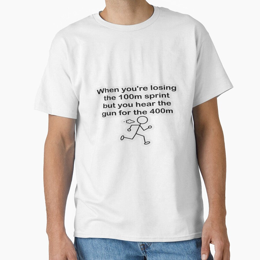 Funny Running Meme Shirt – “When You’re Losing the 100m” Track Humor T-Shirt & Sticker by Sushikidsntod
