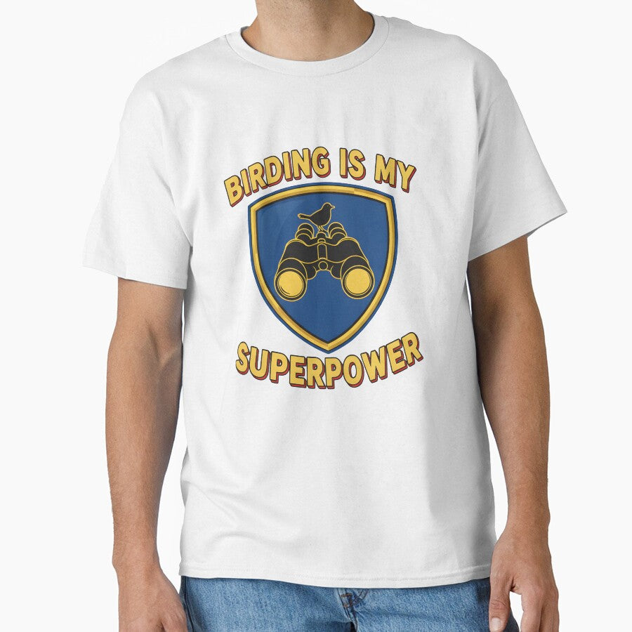 Birding Is My Superpower T-Shirt | Funny Birder Gift with Binoculars & Bird Silhouette in Hero Emblem by NatureNookTees