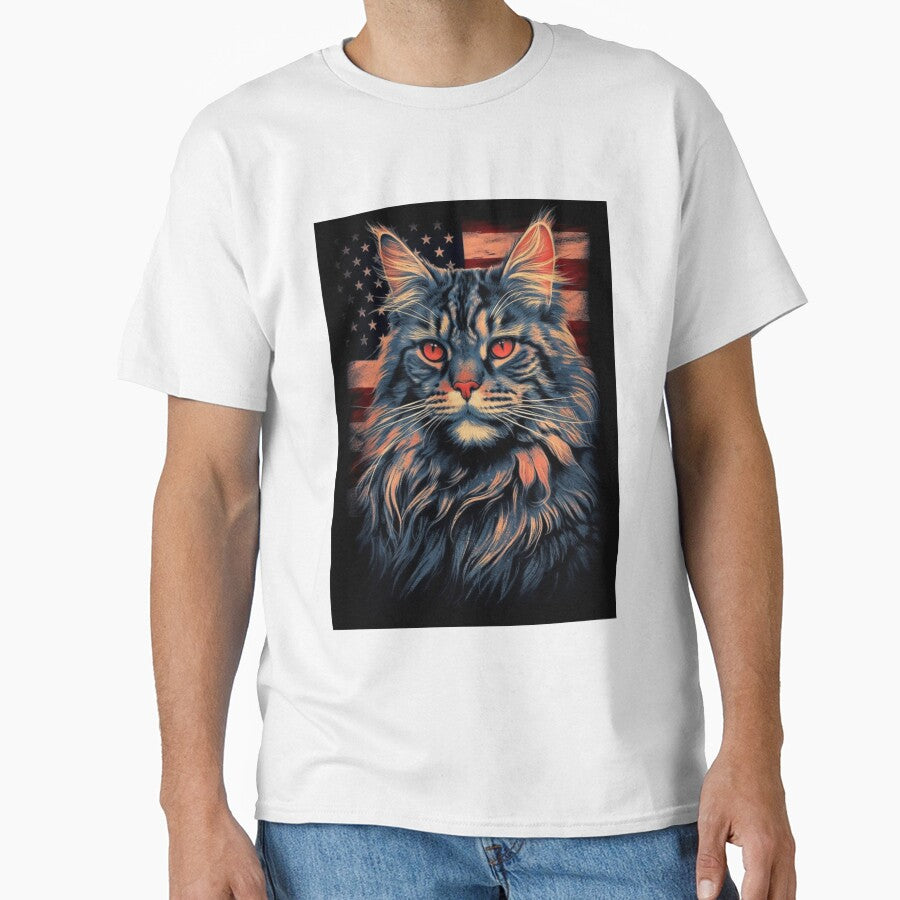 Patriotic Maine Coon - Flag in Background by ZenEverAI