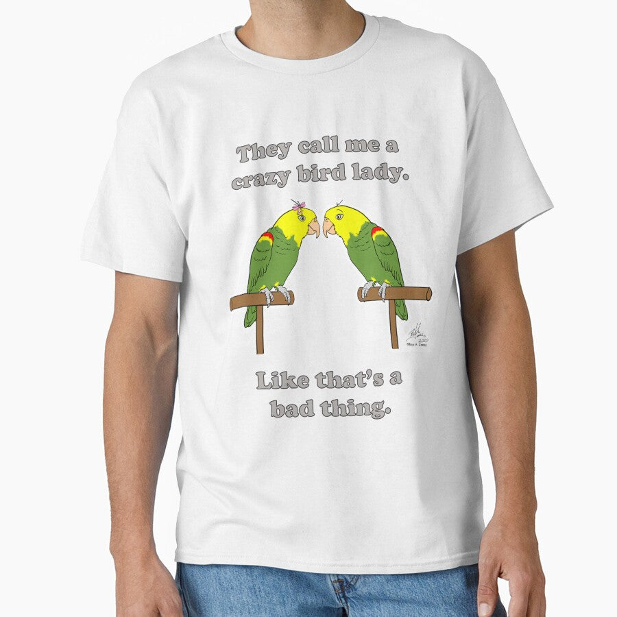 Crazy Bird Lady with double yellow-headed amazon by Laughing Parrot Studio