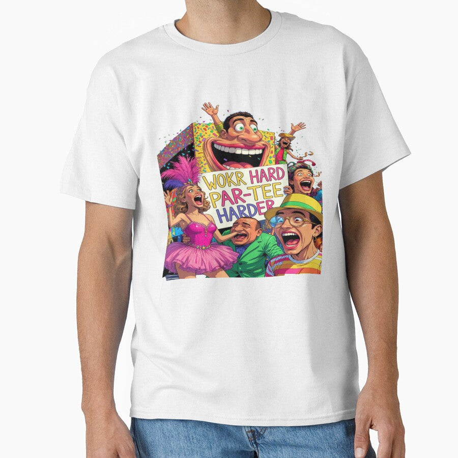 Work Hard Party Harder T-Shirt – Funny Carnival Festival Quote | Colorful Parade Party Graphic Tee by Sushikidsntod