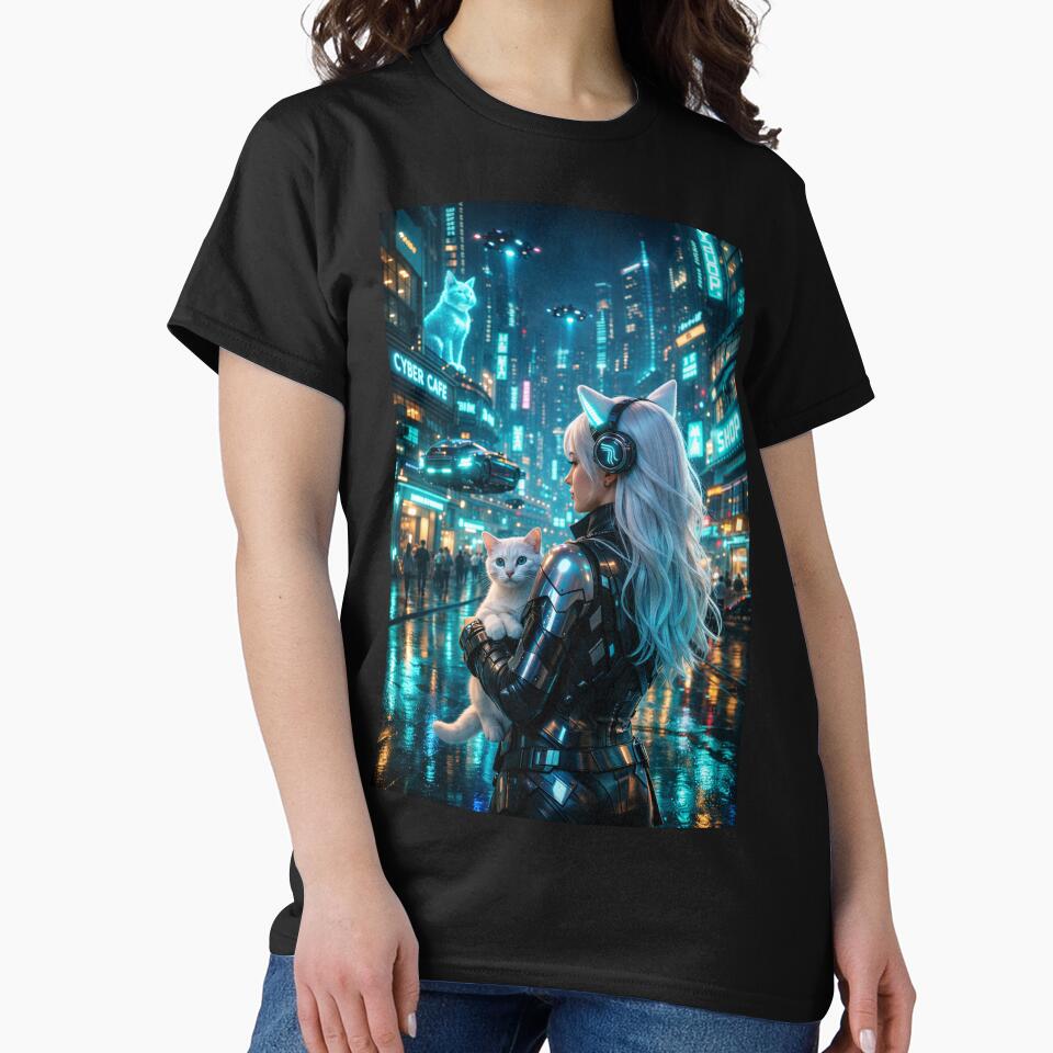 Cyberpunk Girl with White Cat Neon City Hologram Art by UmSkelig834