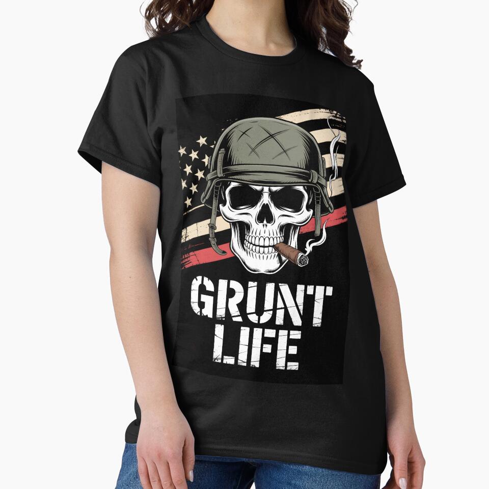 Military Grunt Life Shirt – Skull, Cigar & USA Flag by OldGloryForge