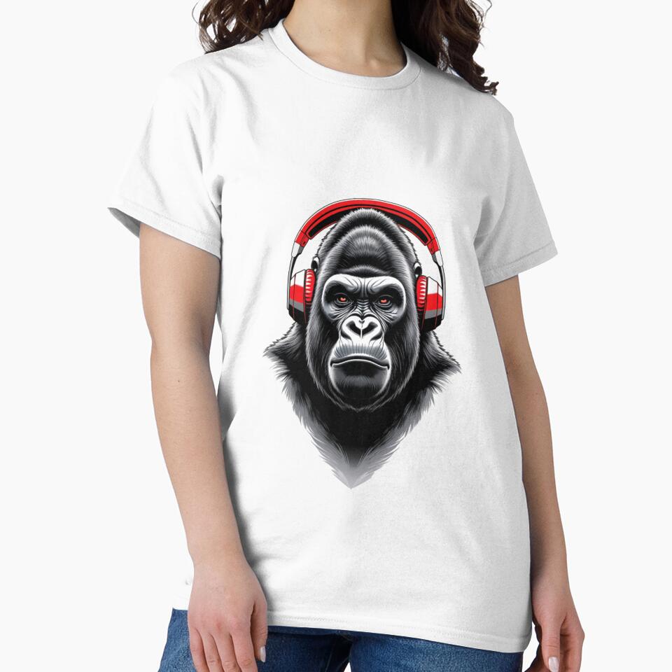Gorilla Red Headphones Black White T-Shirt by Dew's