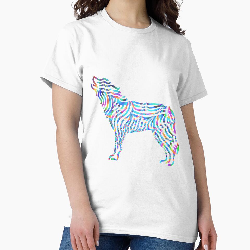 rainbow psychedelic holographic line art wolf howling design by Zevy-Darling