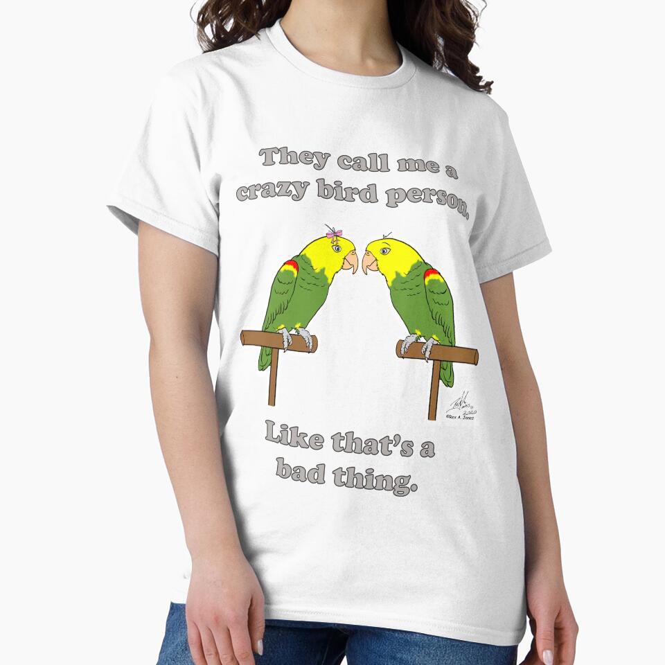 Crazy Bird person with double yellow-headed amazon by Laughing Parrot Studio