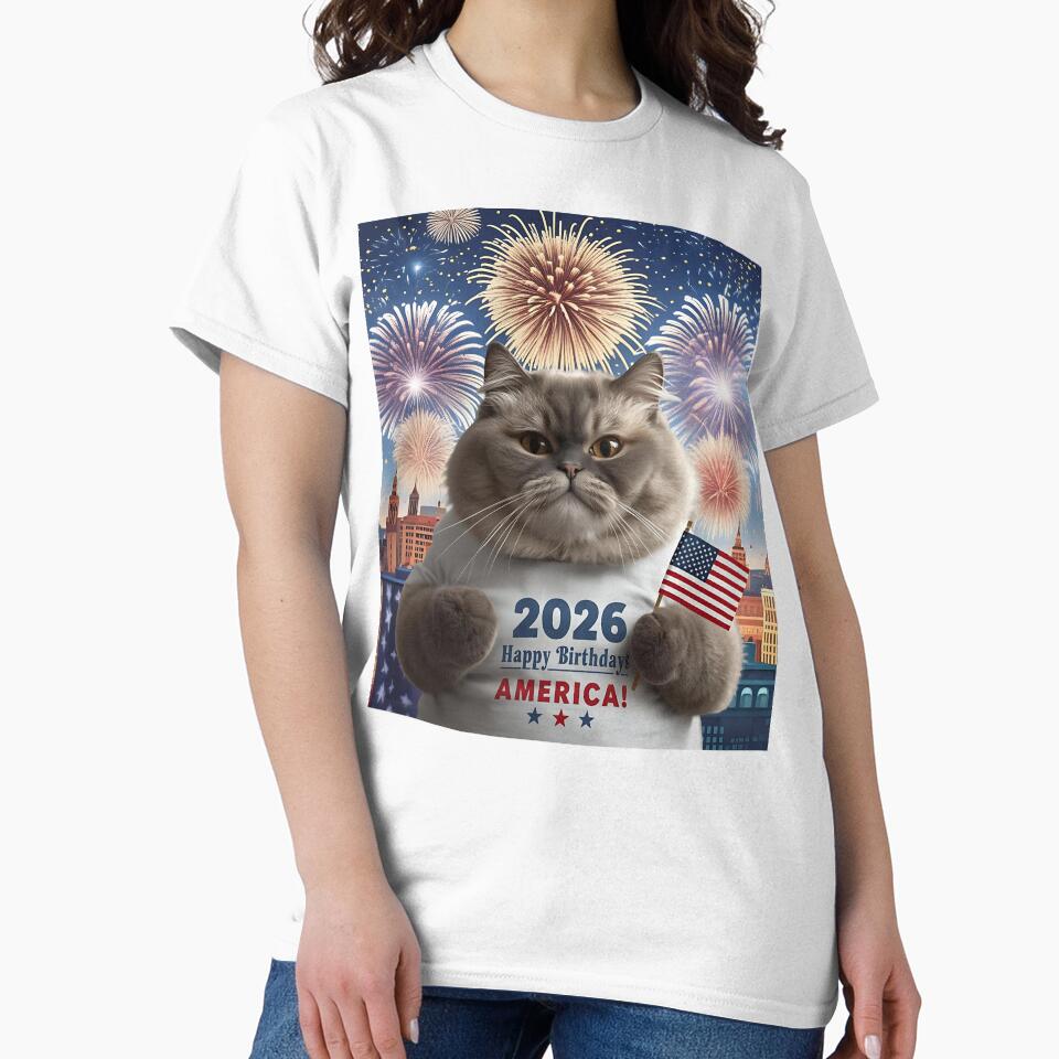 "Happy Birthday America 2026" Patriotic Cat T-Shirt Design by WJ Cozy Creations
