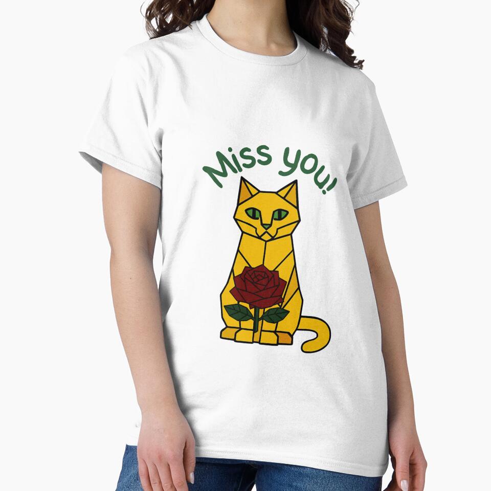Miss You Geometric Cat With Rose Cute Tee by Inka Moon Design