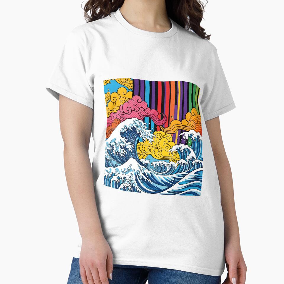 Pop Art Great Wave Ukiyo-e Style | Vibrant Rainbow Striped Ocean Art | Neo-Japanese Comic Book Design by Badis  Mardessi