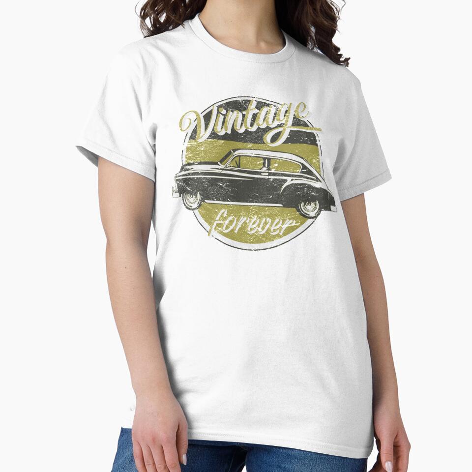 Vintage Car Forever Mustard Yellow Color Distressed Slogan Design by TrulyEpoque