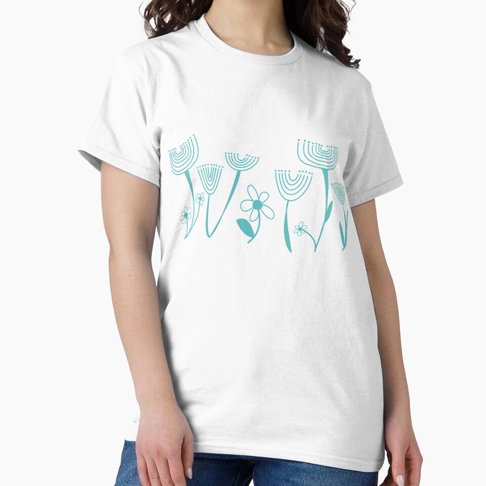 Simple, abstract, artsy graphic turquoise drawn flowers floral sketch - Caroline Laursen Original by Caroline Laursen