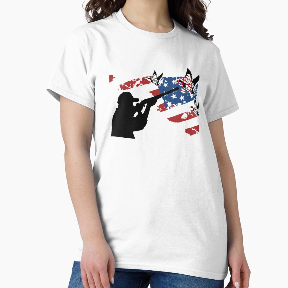 image of american flag with shadow of hunter aiming rifle at 3 flying ducks black by hadleydesigns