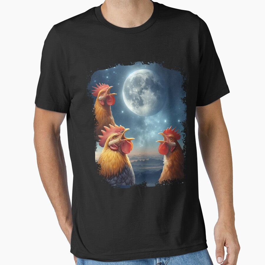 3 Chicken Moon, Funny 3 Chicken Howling Like Wolves by VISIONSTURME Unisex , , , Long Sleeve Tee