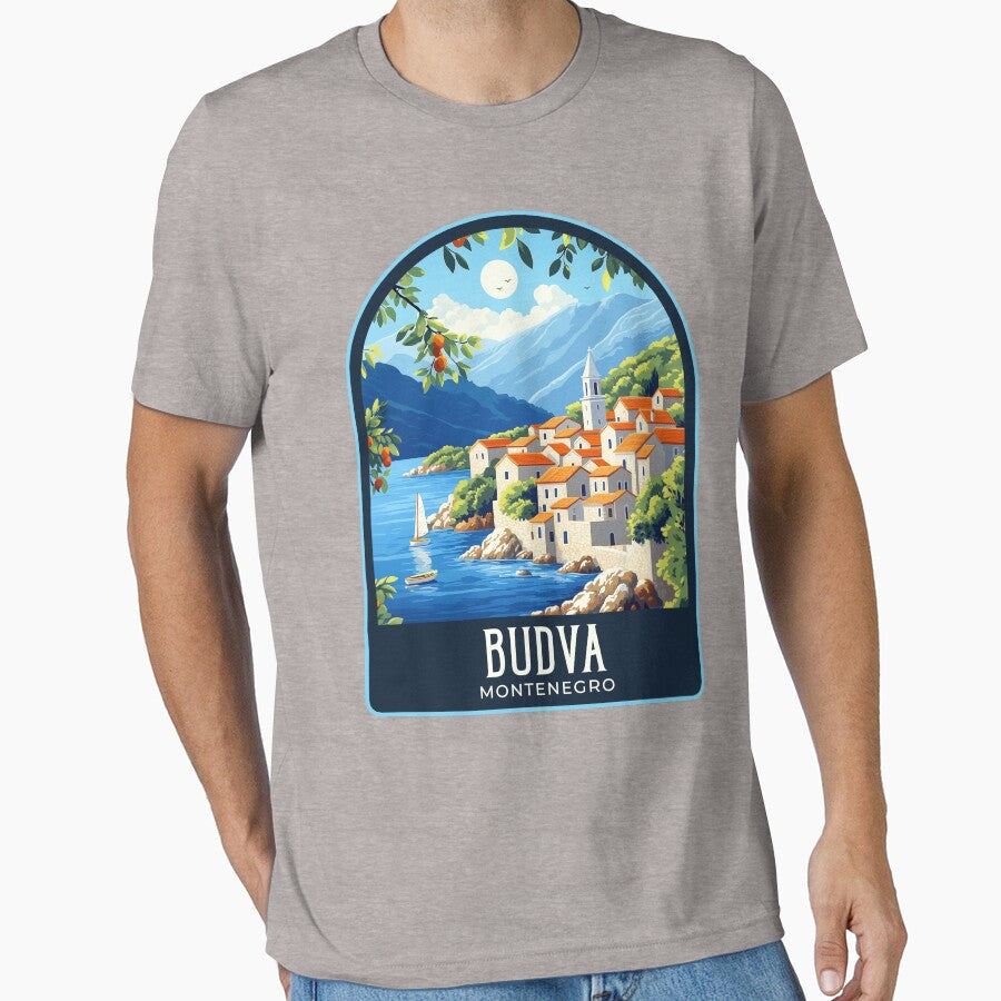 Budva Vintage Travel Illustration by HomeLivingCo Unisex , , , Long Sleeve Tee