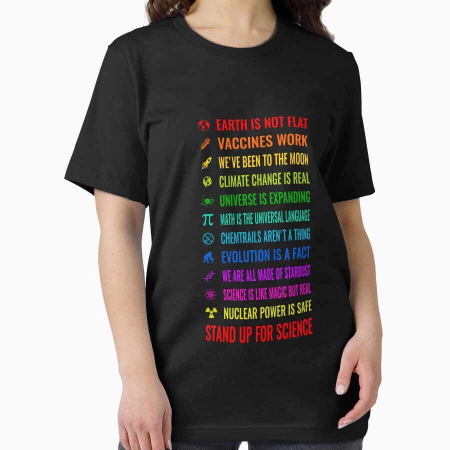 Earth is not flat! Vaccines work! Weve been to the moon! Chemtrails arent a thing! Climate change is real! Stand up for science! Universe is expanding! Nuclear power is safe! by nabla