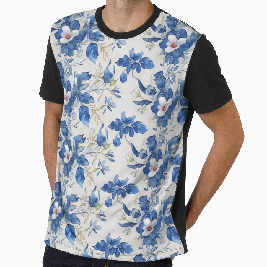 Blue and white Floral Pattern, cream background by Jaydee001
