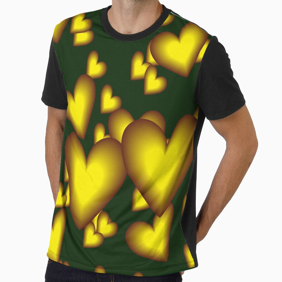 Yellow hearts on a green background. Design for clothing for men and women. by Galina Kostyaeva