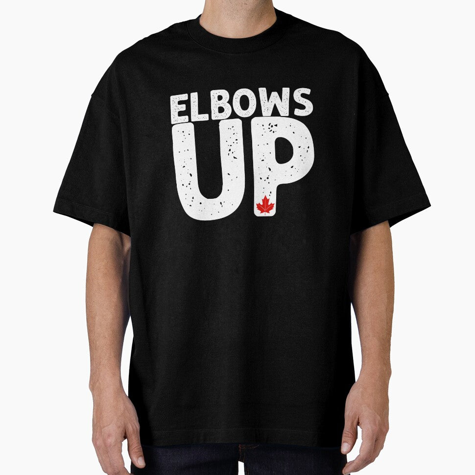 ELBOWS UP Bold Distressed Typography with Red Maple Leaf - Playful Canadian Inspired Design by BrushRushX